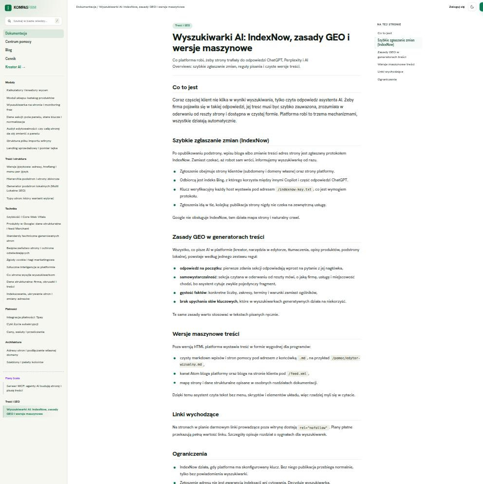 Rozdział dokumentacji KOMPASFIRM opisujący IndexNow, zasady GEO i wersje maszynowe treści