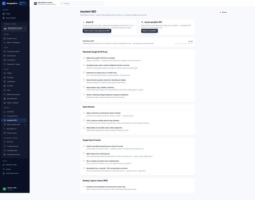 Asystent SEO w panelu: checklista działań poza stroną, od Profilu Firmy po Search Console