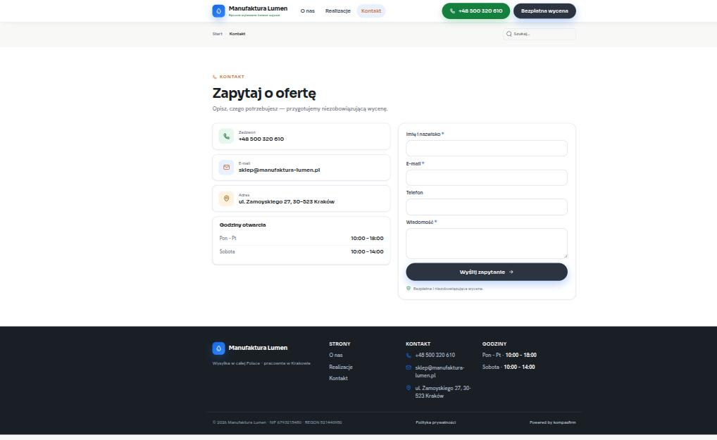 Formularz kontaktowy na stronie klienta: cztery pola i przycisk, bez captchy i bez dodatkowego kliknięcia