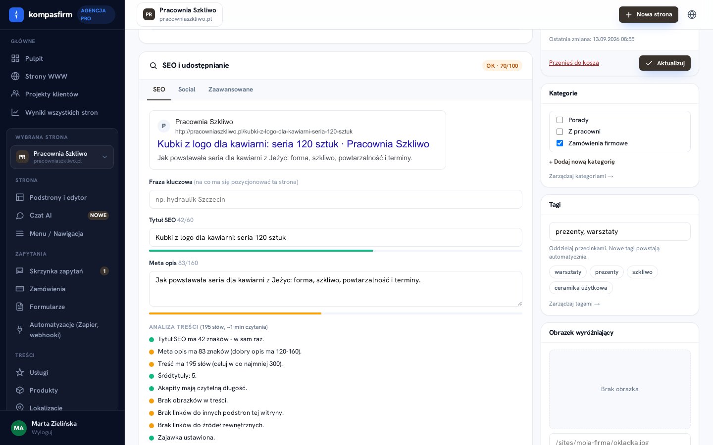 Metabox SEO w edytorze wpisu: podgląd wyniku w Google, pole frazy kluczowej, liczniki długości tytułu i opisu oraz lista uwag analizy treści