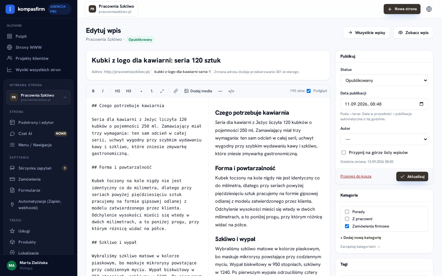 Edytor wpisu: po lewej treść w Markdown, po prawej podgląd na żywo, obok metabox publikacji z datą i autorem