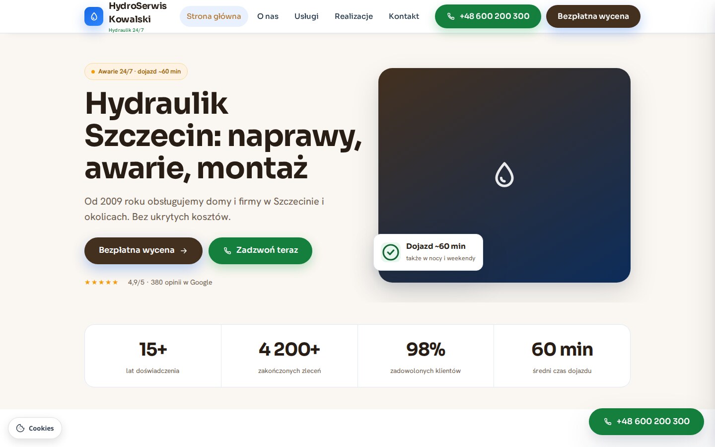 Strona przed zmianą: nagłówek „Hydraulik Szczecin: naprawy, awarie, montaż"
