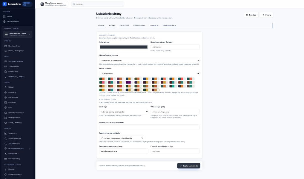Katalog palet kolorów w ustawieniach strony: każda przygotowana pod próg kontrastu