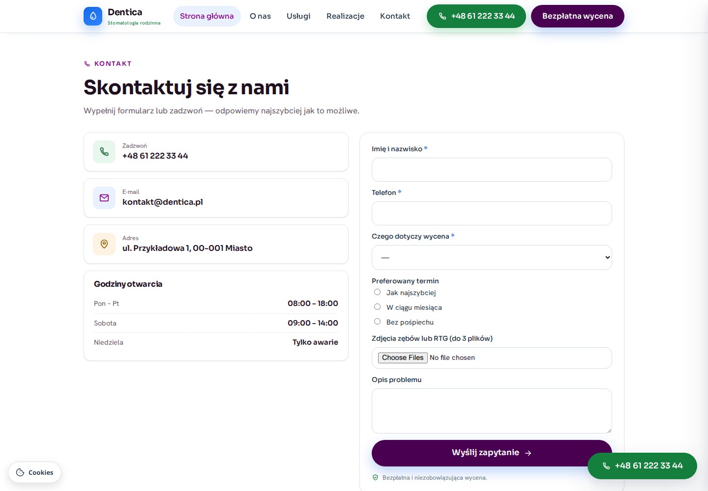 Formularz wyceny na stronie publicznej: lista zakresu, termin, pole na zdjęcia
