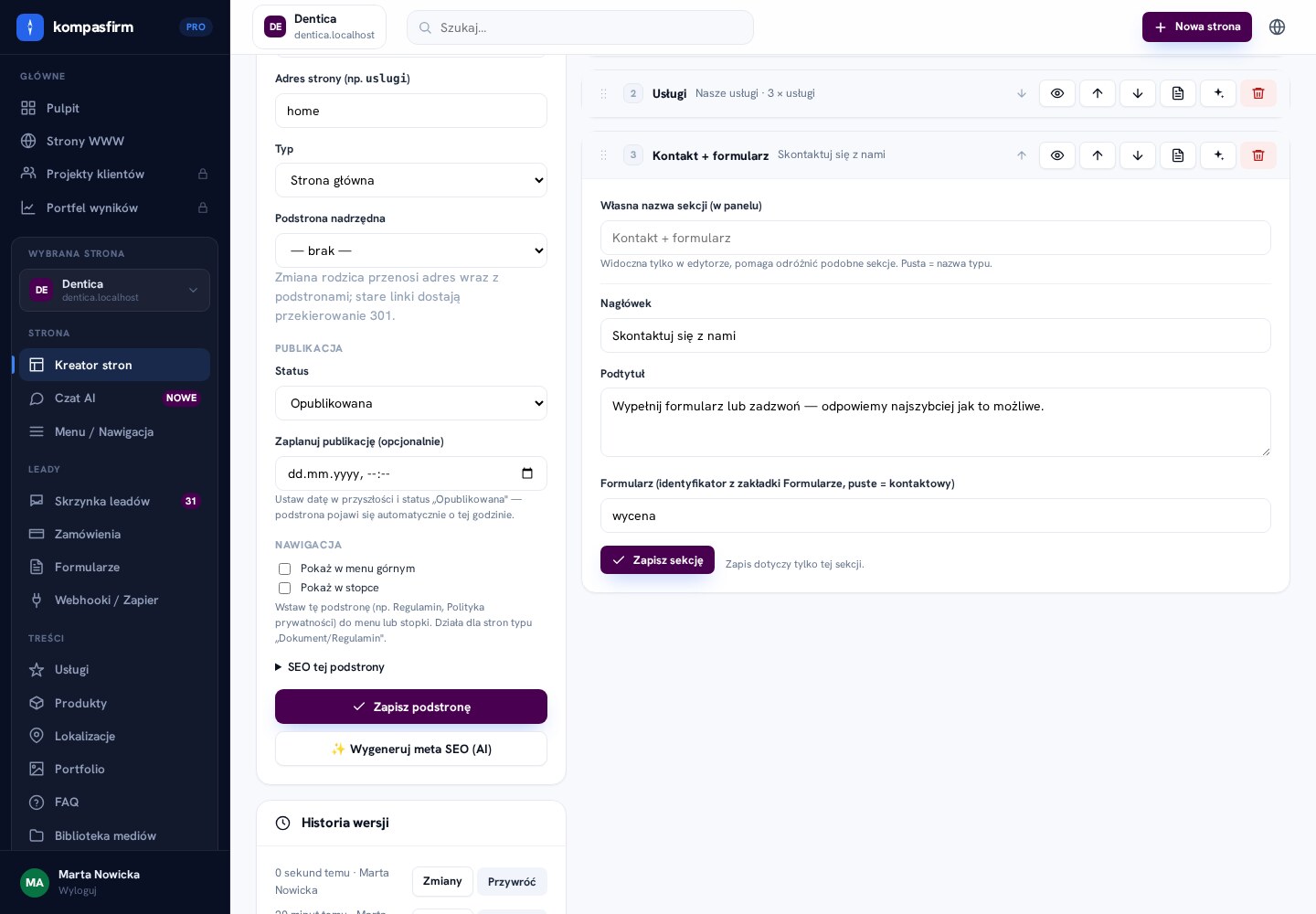 Ustawienia sekcji Kontakt + formularz z polem wyboru wariantu formularza