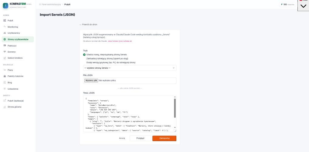 Ekran „Import Serwis (JSON)” z wyborem trybu, polem na plik i wklejonym dokumentem
