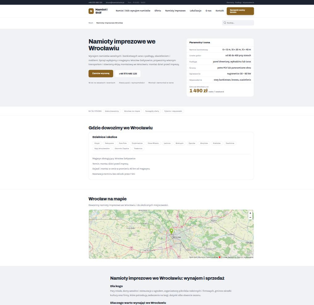 Podstrona lokalna wygenerowana z wzorca, z mapą obszaru obsługi i tabelą parametrów