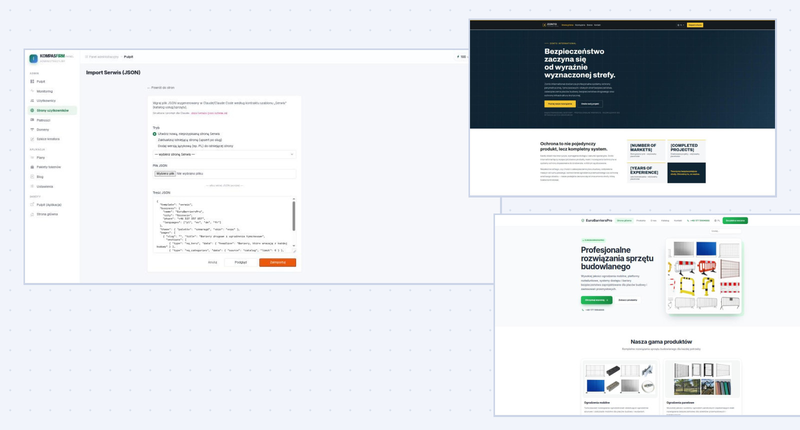 Ekran importu dokumentu JSON w panelu, witryna korporacyjna i wielojęzyczny katalog zbudowane z pliku