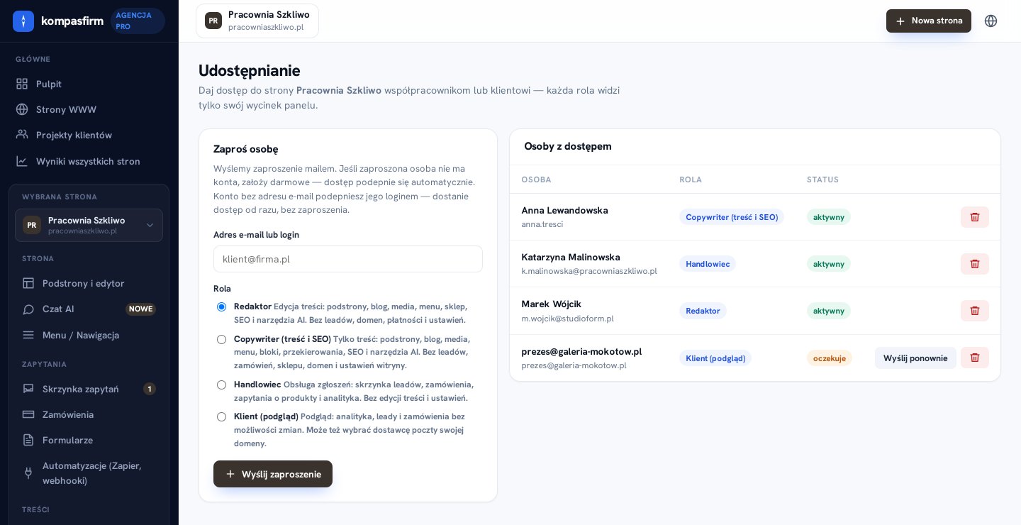 Wybór roli przy zapraszaniu: redaktor, copywriter, handlowiec i klient, każda z opisem zakresu