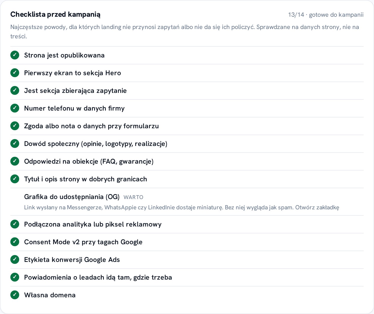 Checklista przed kampanią z punktami o pikselach, Consent Mode i etykiecie konwersji