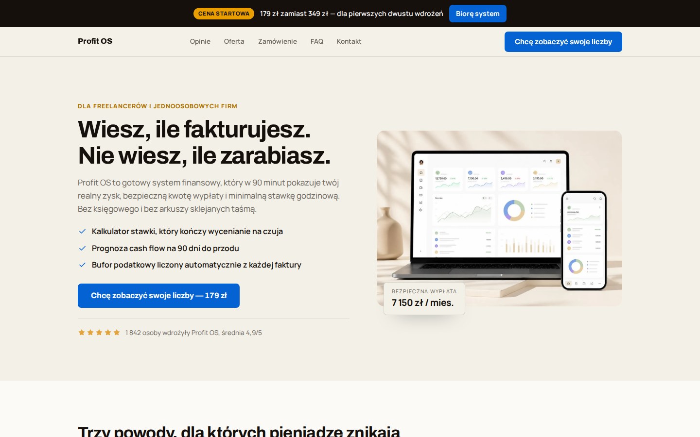Pierwszy ekran landingu Profit OS: nawigacja tylko po sekcjach, telefon i jedno wezwanie w nagłówku