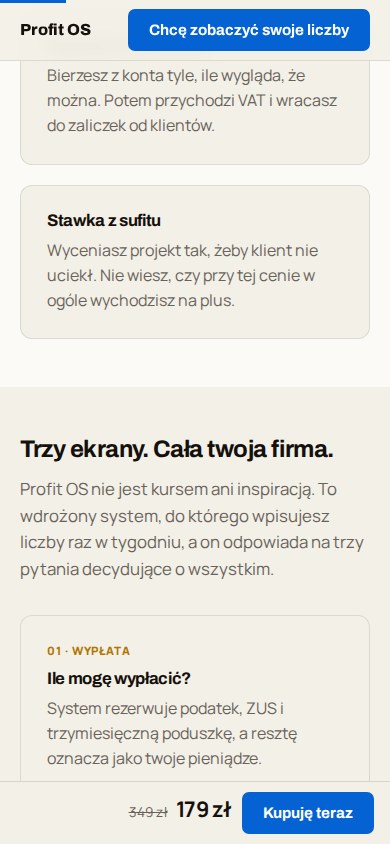 Landing na telefonie: lepki pasek z ceną i przyciskiem u dołu ekranu