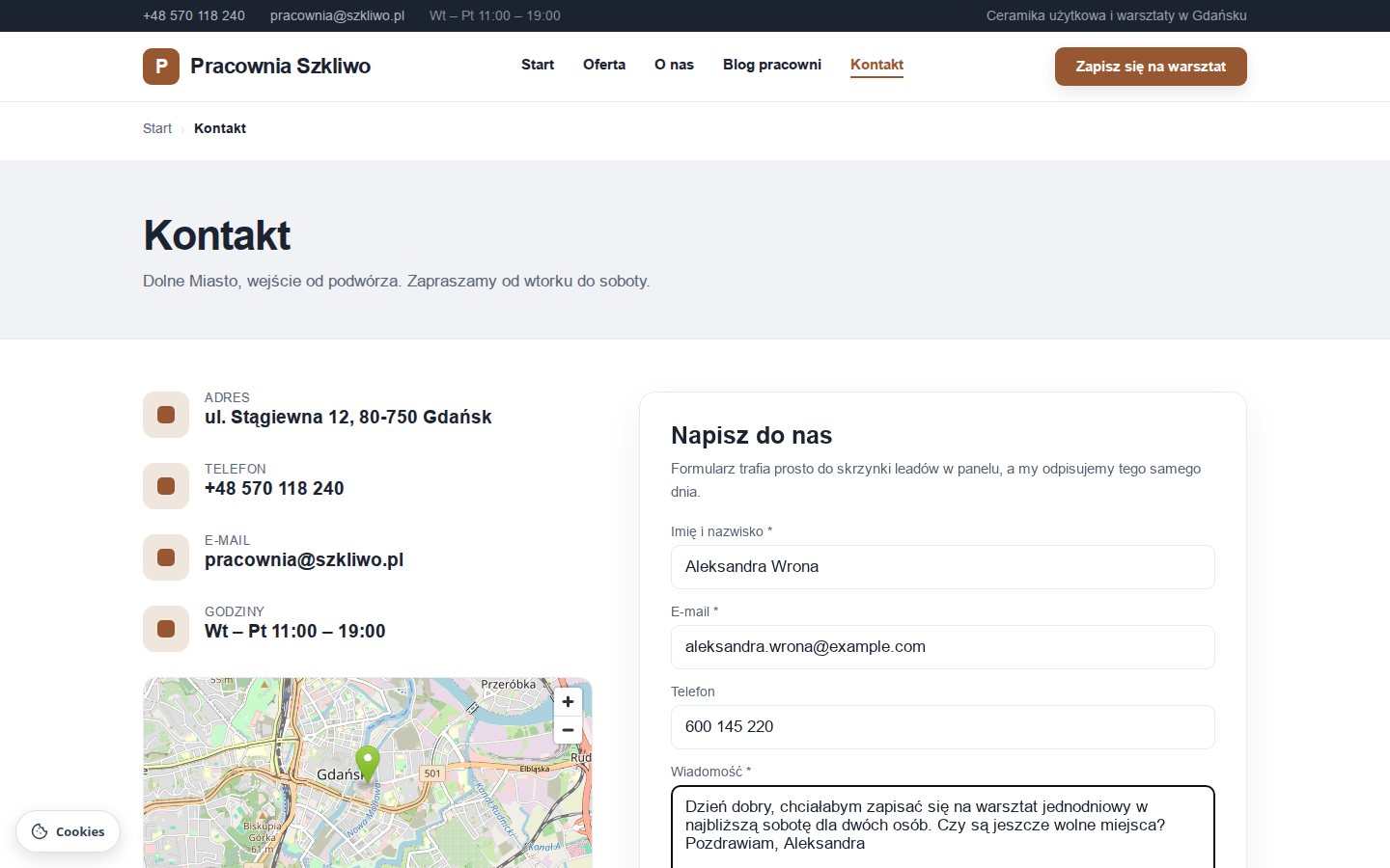 Wypełniony formularz kontaktowy przed wysłaniem