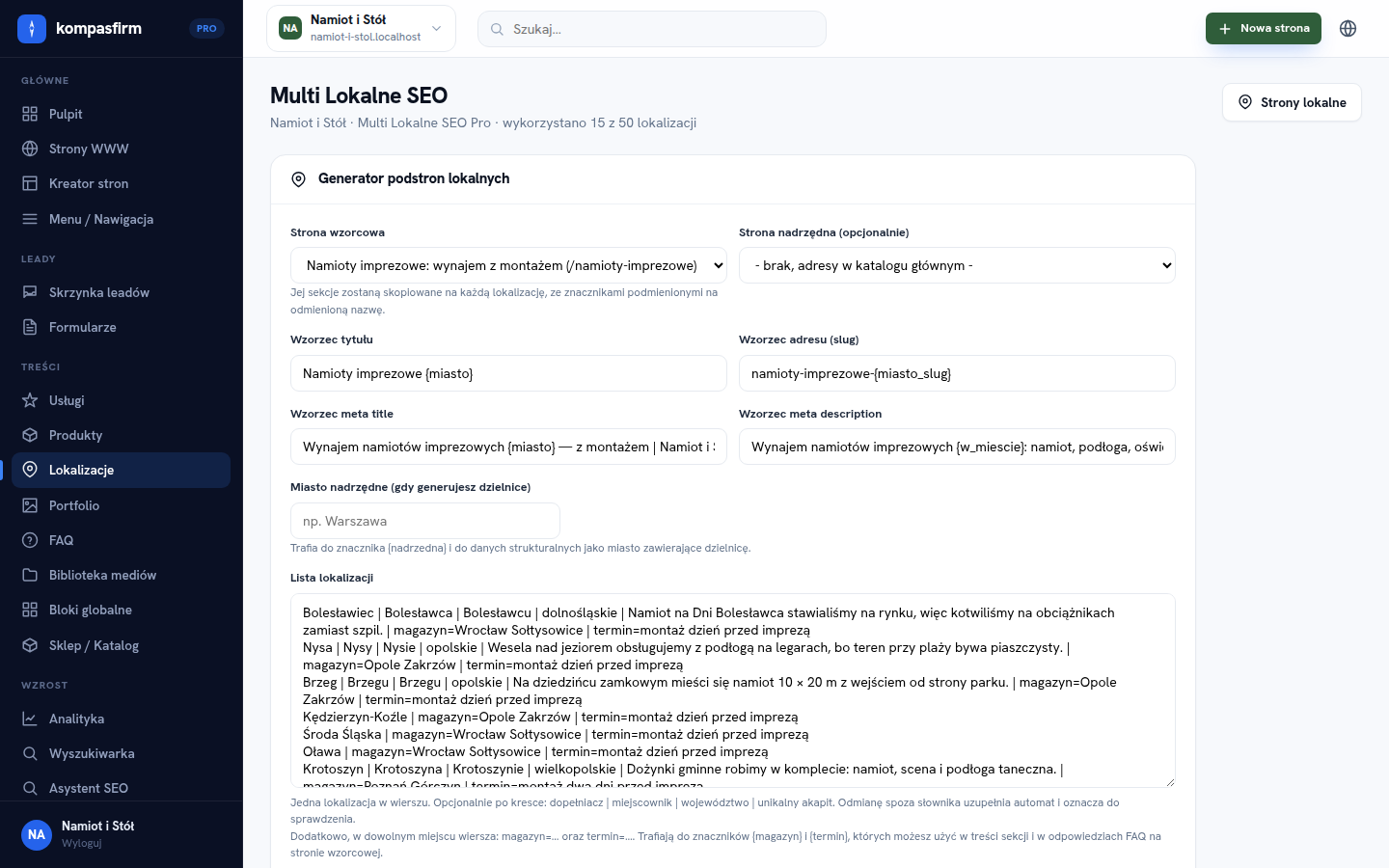 Generator podstron lokalnych w panelu: strona wzorcowa, wzorce tytułu i adresu, lista lokalizacji