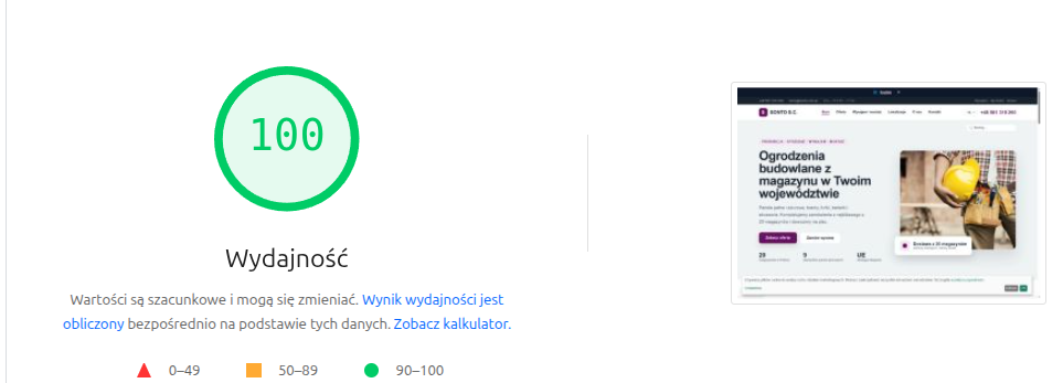 Wskaźnik wydajności 100 dla wersji desktop wraz z podglądem strony