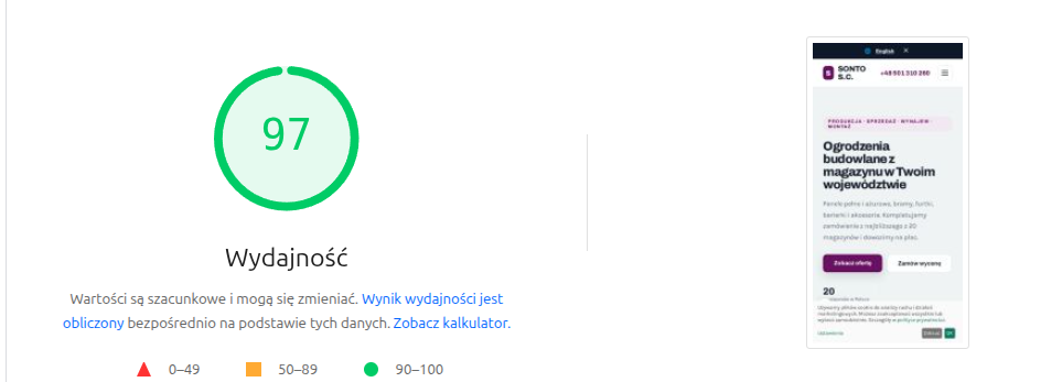 Wskaźnik wydajności 97 dla wersji mobilnej wraz z podglądem strony na telefonie
