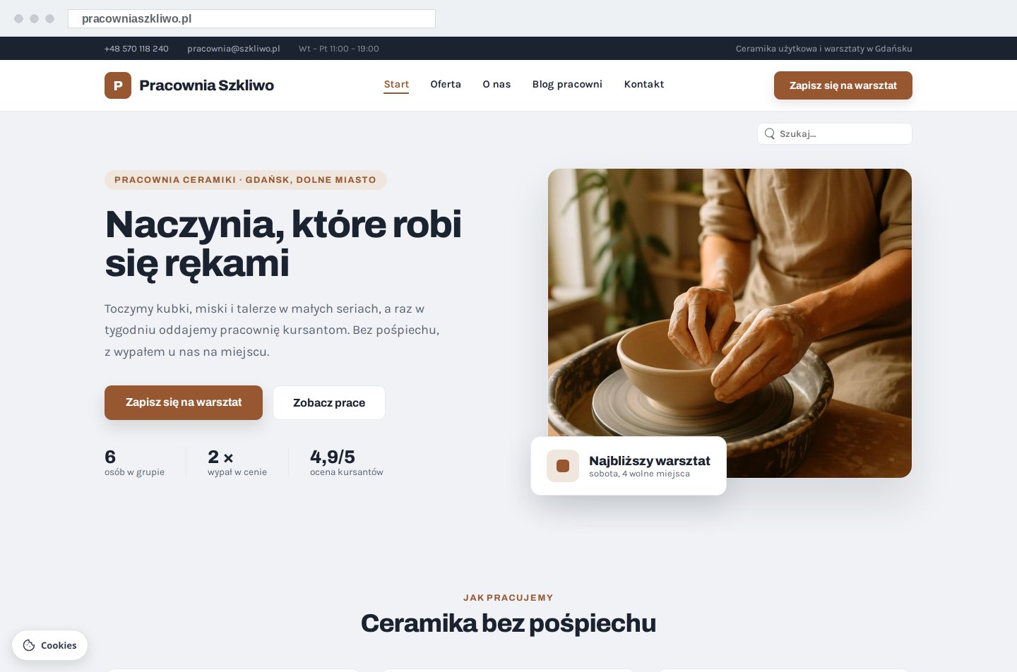 Publiczna strona firmy pod tym samym adresem: pracowniaszkliwo.pl, bez śladu panelu