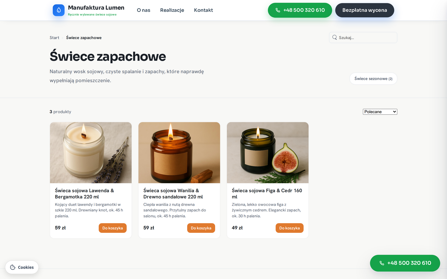 Listing kategorii z kartami produktów, liczbą wyników i sortowaniem