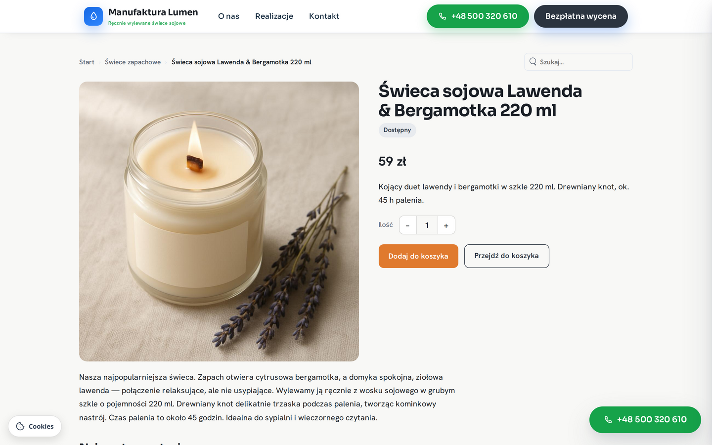 Karta produktu: galeria, cena, dostępność, wybór ilości i przycisk dodania do koszyka