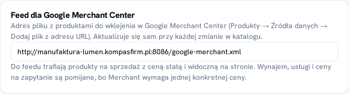 Adres feedu Google Merchant Center w panelu sklepu