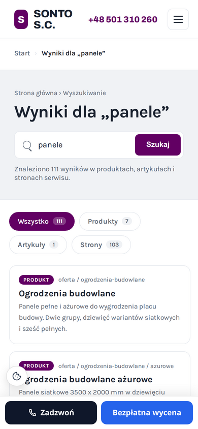 Wyniki wyszukiwania na telefonie