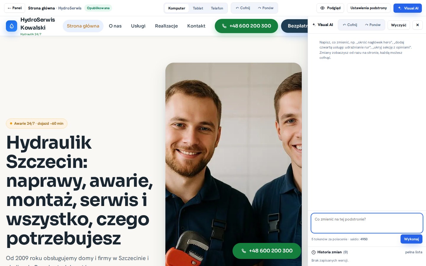 Edytor wizualny z otwartym panelem Visual AI po prawej: strona hydraulika na środku, pole polecenia i historia zmian w panelu