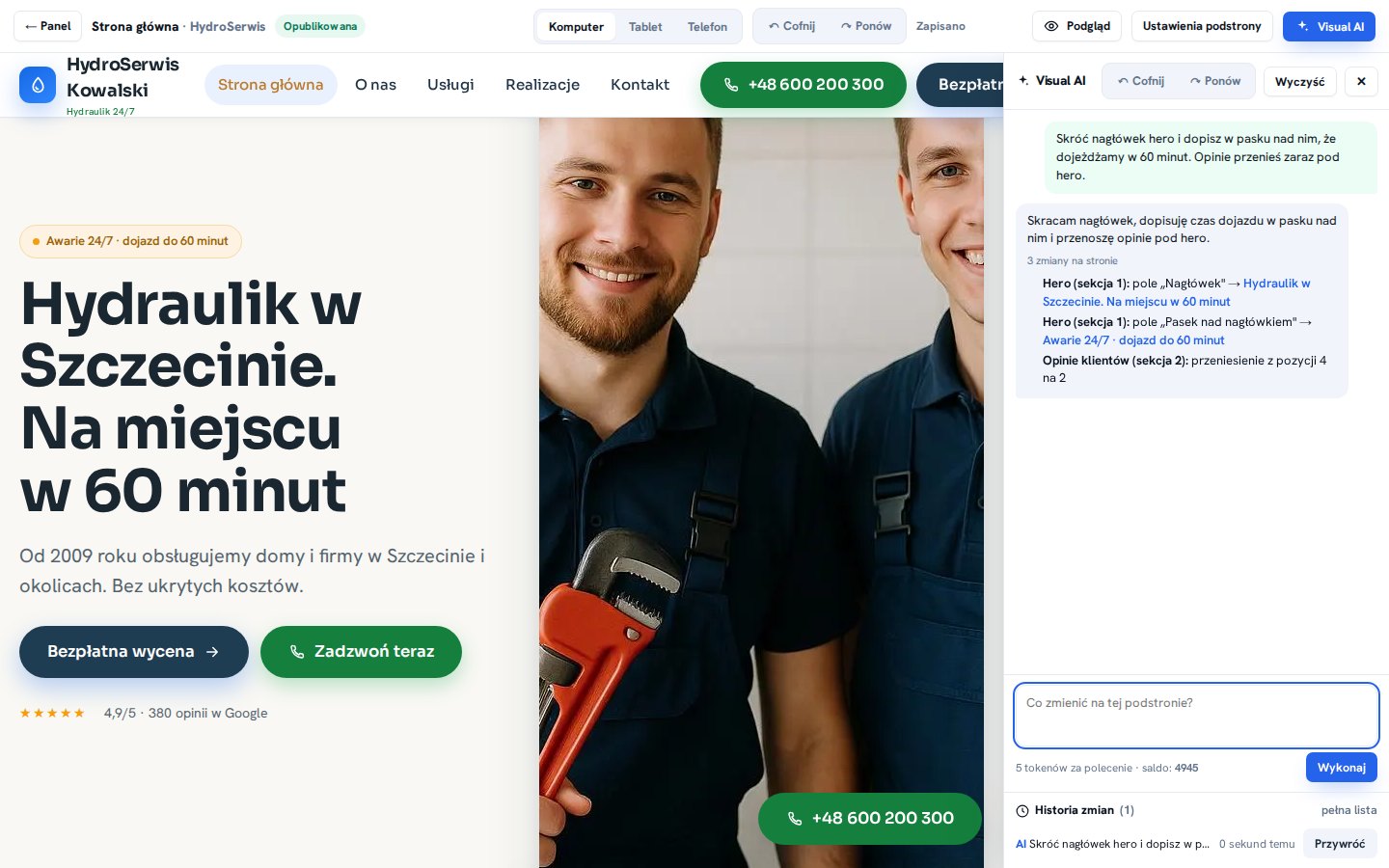 Po poleceniu: nowy, krótszy nagłówek na stronie, w panelu lista trzech zmian z nową wartością