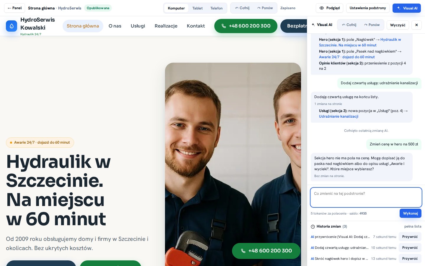 Polecenie „Zmień cenę w hero na 500 zł": asystent odpowiada, że hero nie ma pola na cenę, i pyta, czy dopisać ją do paska nad nagłówkiem, czy do opisu usługi; strona bez zmian