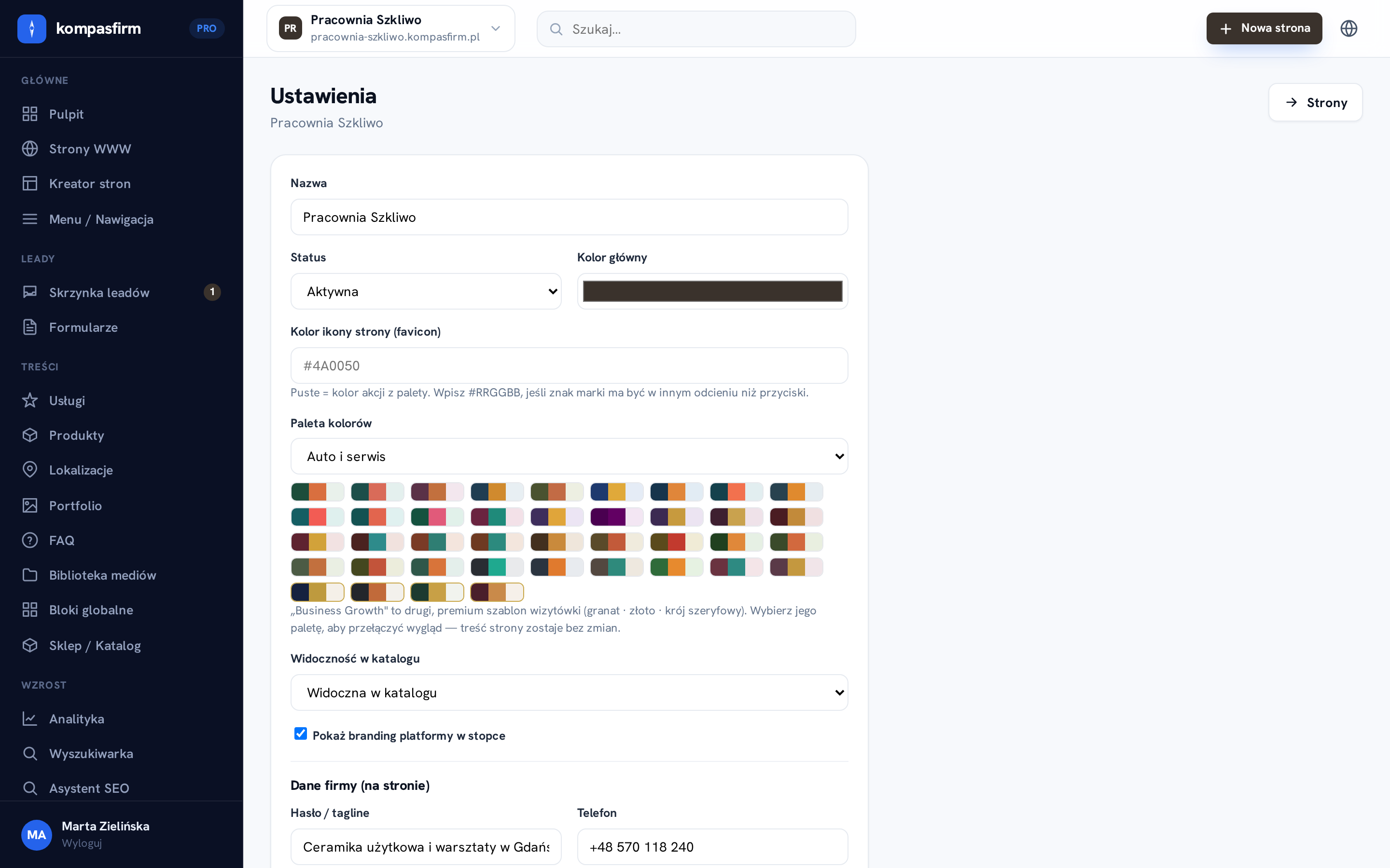 Pola integracji w ustawieniach strony: Google Analytics 4, Tag Manager i Meta Pixel