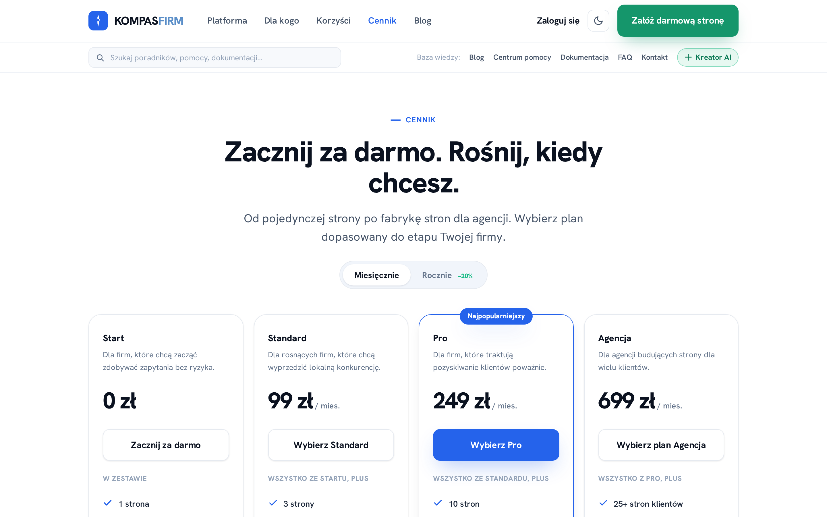 Cennik KOMPASFIRM z planami Start, Standard, Pro i Agencja oraz przełącznikiem rozliczenia miesięcznego i rocznego