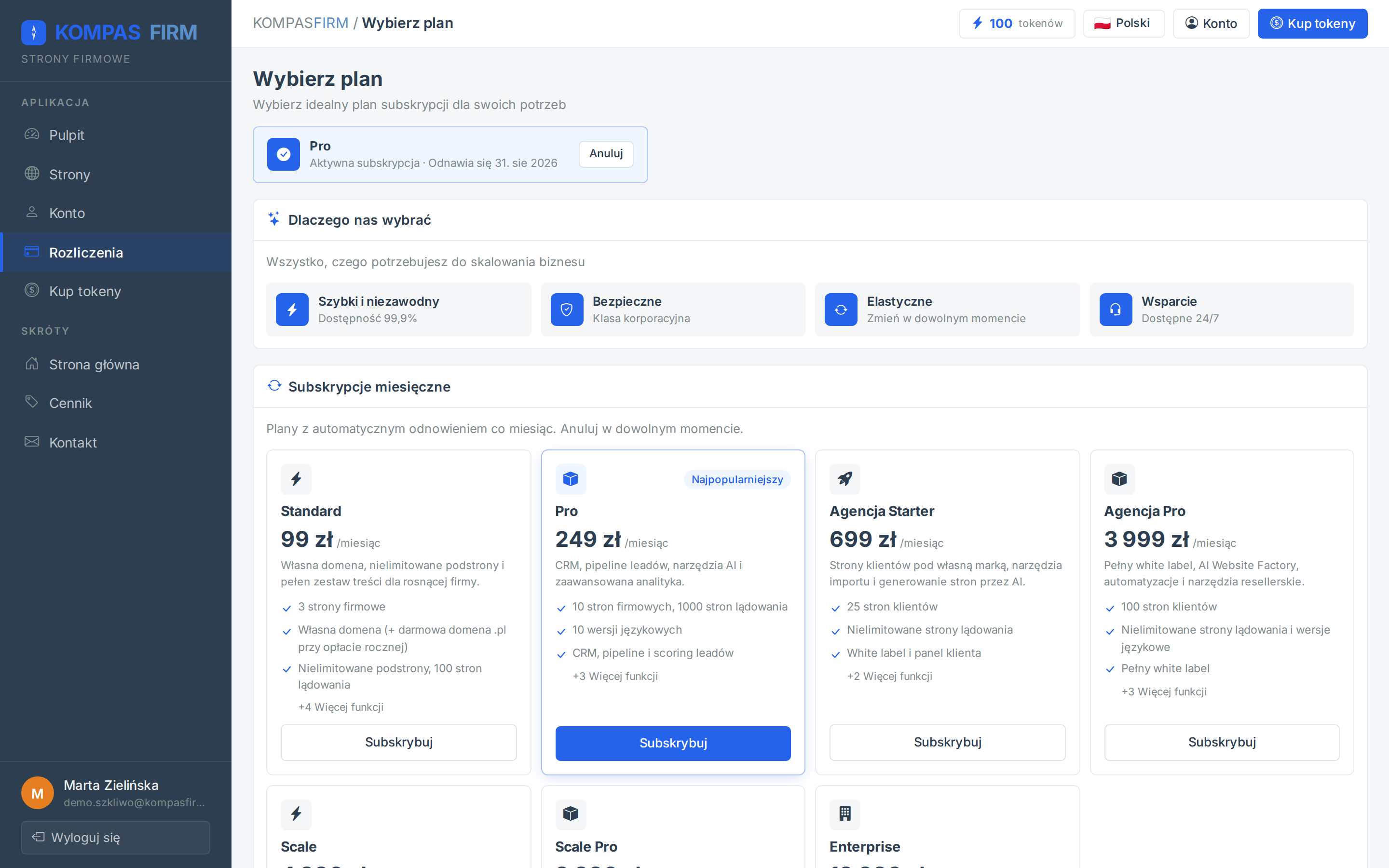 Lista planów w panelu z cenami w złotych