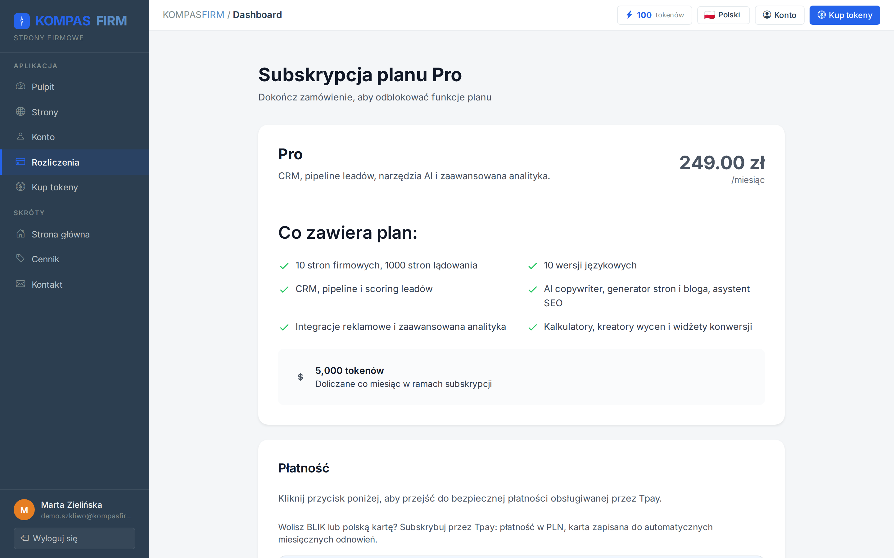 Ekran zamówienia planu z kwotą w złotych i warunkami płatności