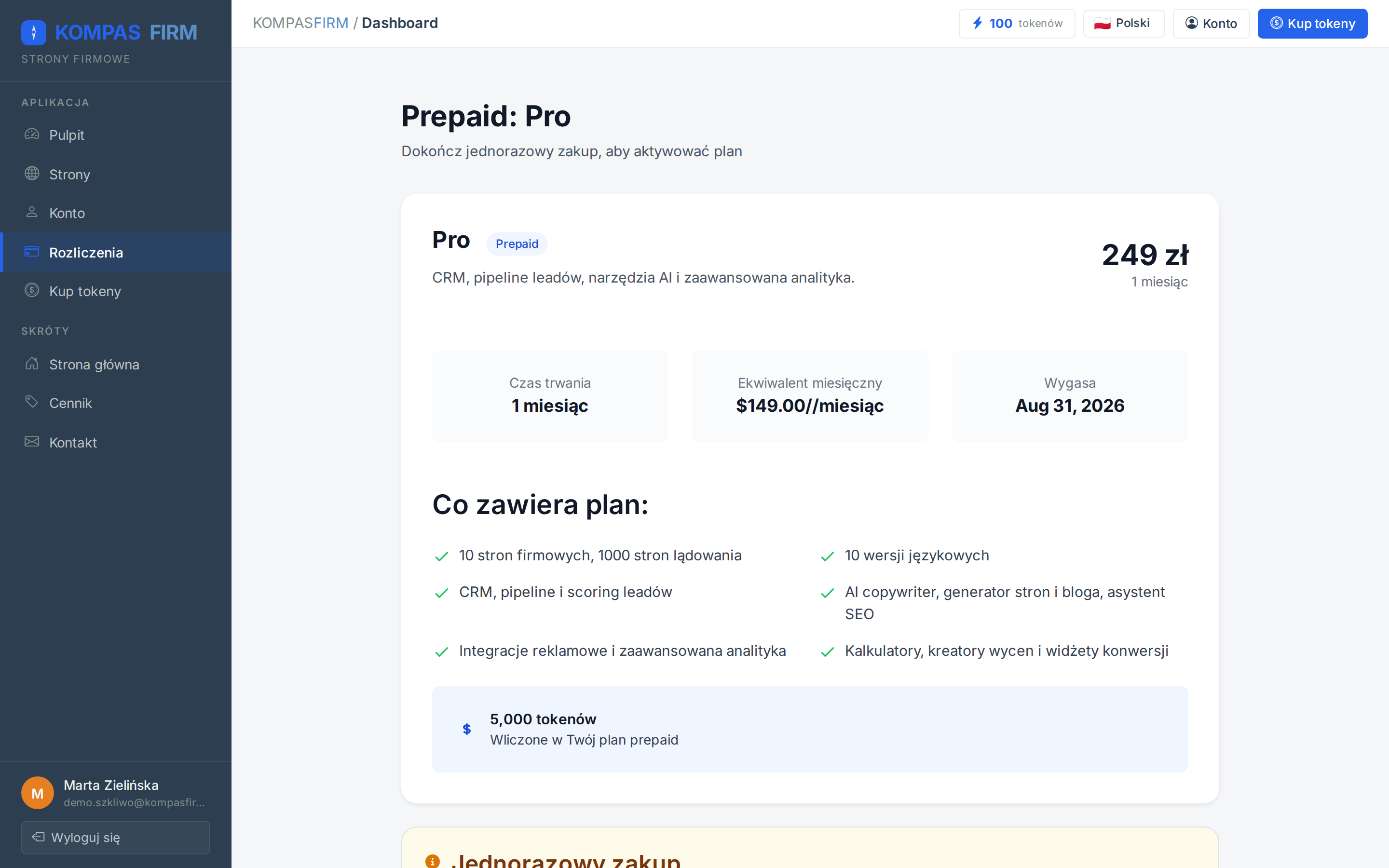 Ekran zamówienia planu opłacanego z góry, z wyborem długości okresu