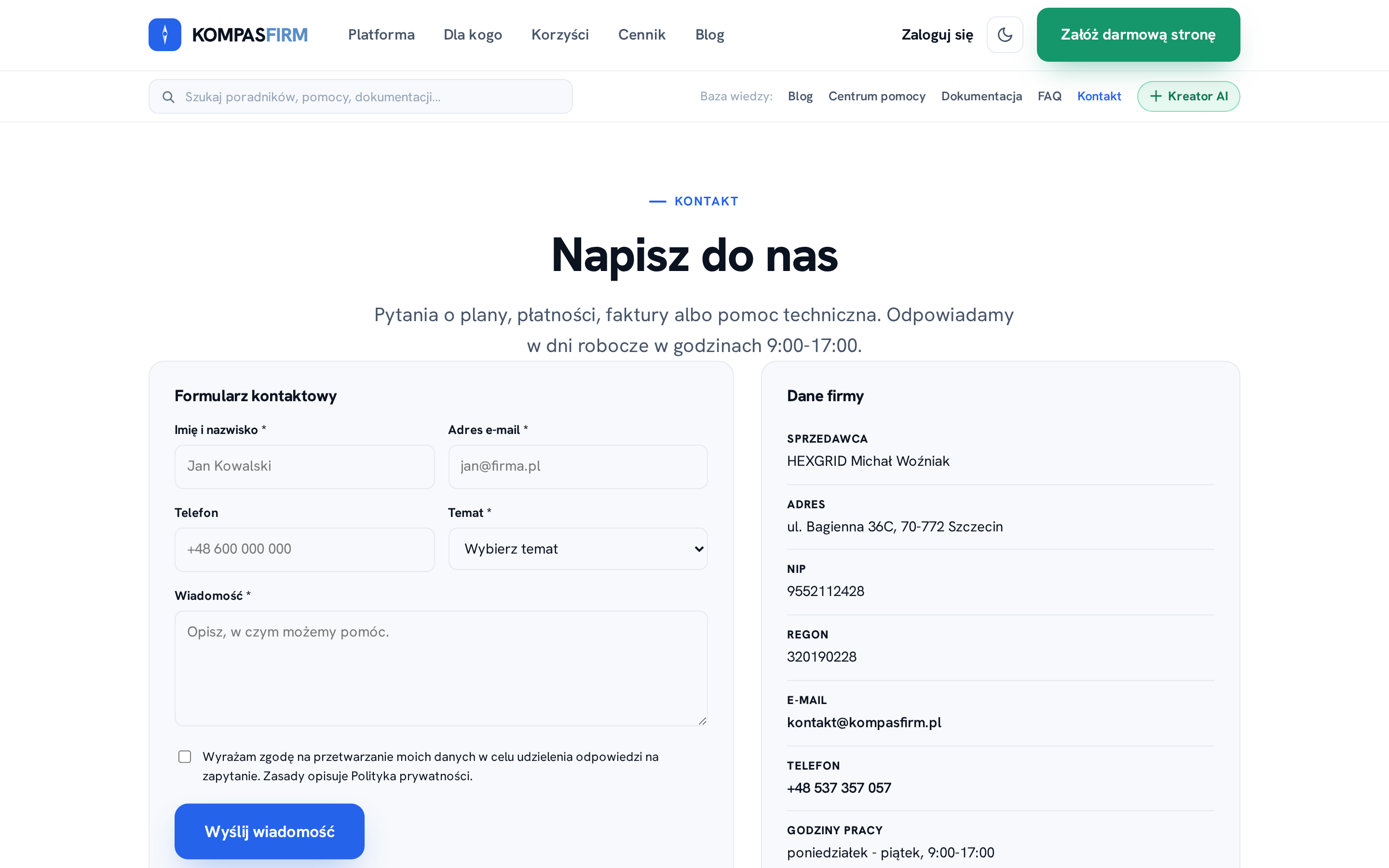 Strona kontaktowa z danymi sprzedawcy: adres, NIP, REGON, telefon i e-mail