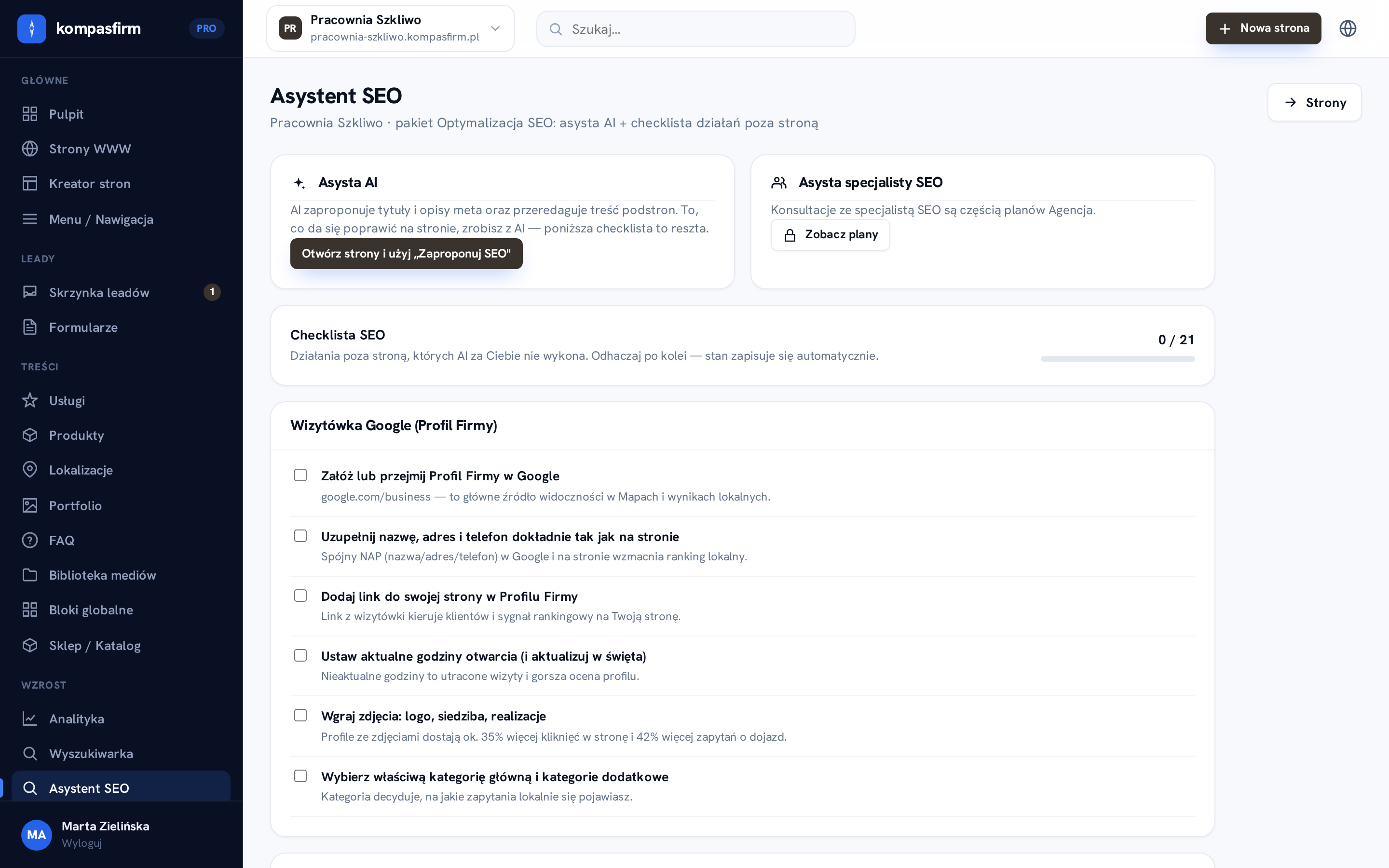 Asystent SEO w panelu z checklistą działań